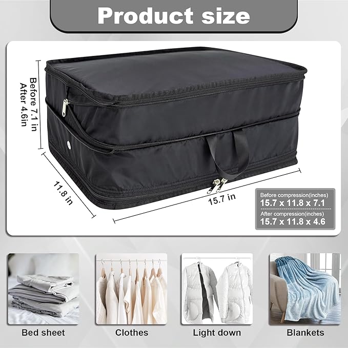Compression Packing Cubes, 2pc Compression bags for Travel Packing Organizer, Expandable Compression Cubes for Travel, Black