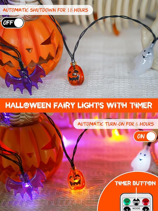 3D Pumpkin Bat Ghost Halloween String Lights Battery Operated with Remote | 10FT 30 LED, 8 Modes & Timer, IP44 Waterproof, Twinkle Fairy Halloween Lights for Indoor Outdoor Ghost Themed Parties Decor