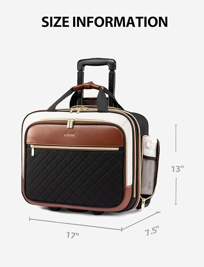 LOVEVOOK Rolling Laptop Bag Women, 17.3 Inch Laptop Briefcase with Wheels, Soft Sided Underseat Carry On Luggage Personal Item Suitcase for Work Travel Business, Black Brown Beige