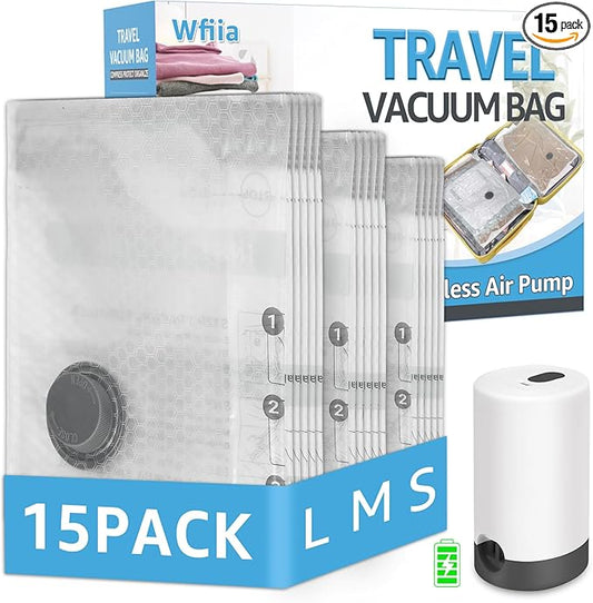 15 Packs Vacuum Bags for Travel with Rechargeable Pump, 3 Sizes Vacuum Seal Bags for Clothing, Compression Vacuum Travel Bags for Luggage, Vacuum Packing Bags for Closet Organization