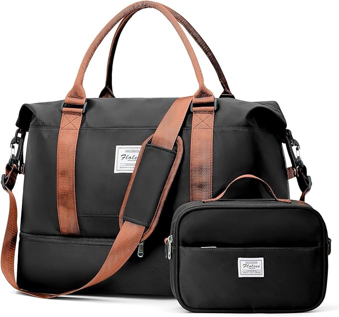 Large Weekender Bags for Women, Travel Duffel Bag with Shoe Compartment,Personal Item Travel Carry on Overnight Bag for Women Travel Set,Black & Brown
