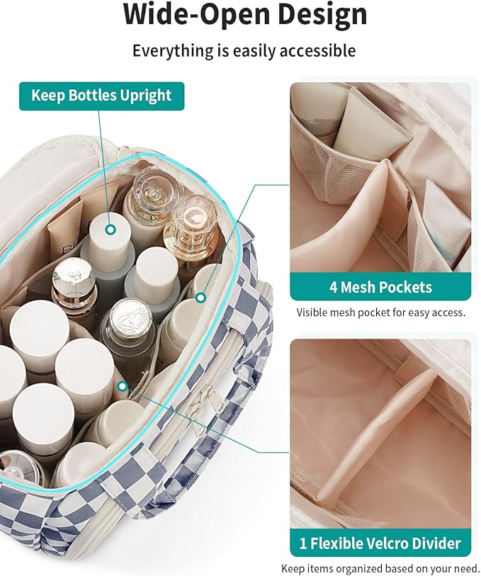 Narwey Checkered Travel Toiletry Bag for Women Large Makeup Bag, Wide-open Cosmetic Make Up Organizer with Handle, Travel Bag for Toiletries, Essentials, Accessories (Greyish Blue Checkerboard)