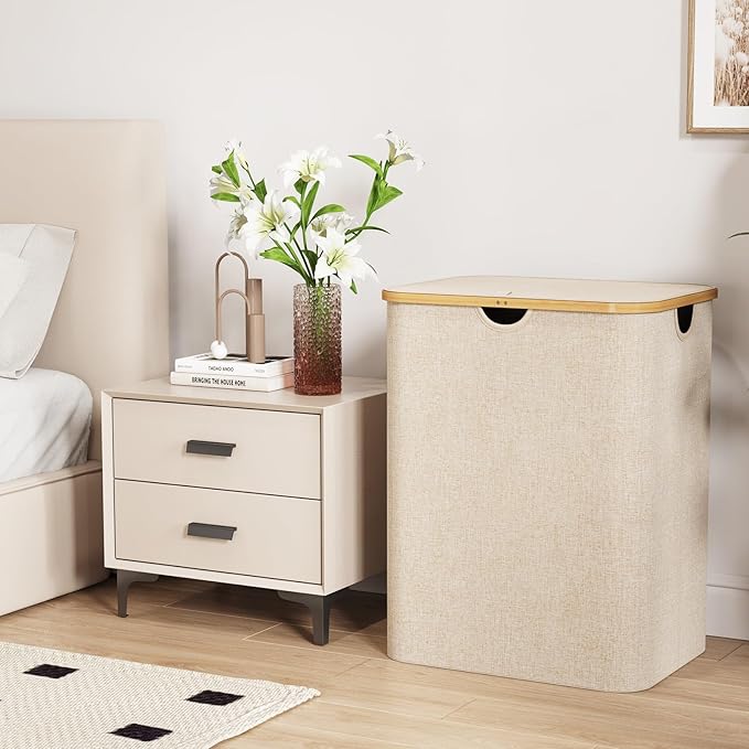 Lifewit 120L Laundry Basket with Lid, Clothes Hampers for Laundry with Bamboo Handles and 2 Removable Bag, Large Foldable Laundry Hamper for Bedroom, Bathroom, Dorm, Laundry Room, Beige