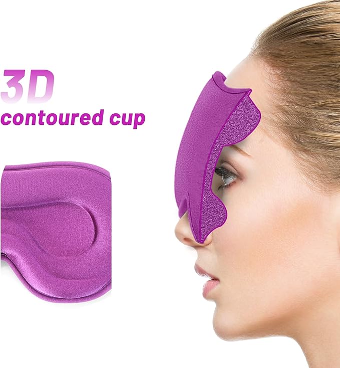 Sleep Eye Mask for Men Women, Sleeping Mask for Side Sleeper, Travel Blackout Night Blindfold Eye Shade Cover with Adjustable Strap (Purple-3D)