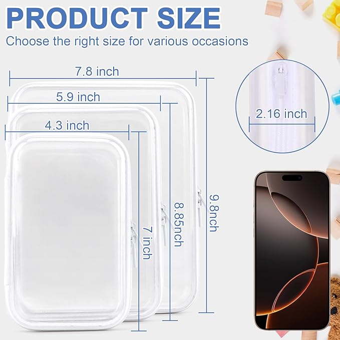 3 Pack Clear Hard Shell Zipper Case, Clear Zipper Pouches Waterproof Makeup Organizer & Travel Toiletry Bag, Diaper Bag Organizing Pouches, Plastic Pouch for Office Home Storage, LMS