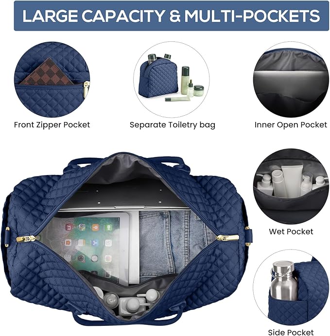 Travel Weekender Bags for Women - Carry on Overnight Bags with Shoe Compartment Duffle Bag with Laptop Pocket Hospital Bag for Labor Delivery Gym Tote Bag with Toiletry Bag Blue