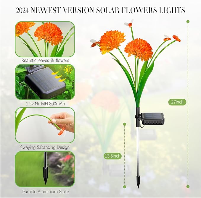 Solar Garden Lights, 4 Pack Solar Swaying Bee Lights with Flowers, Waterproof Firefly Light Outdoor for Garden Patio Yard Pathway Fall Decoration Gifts for Women Mother's Day