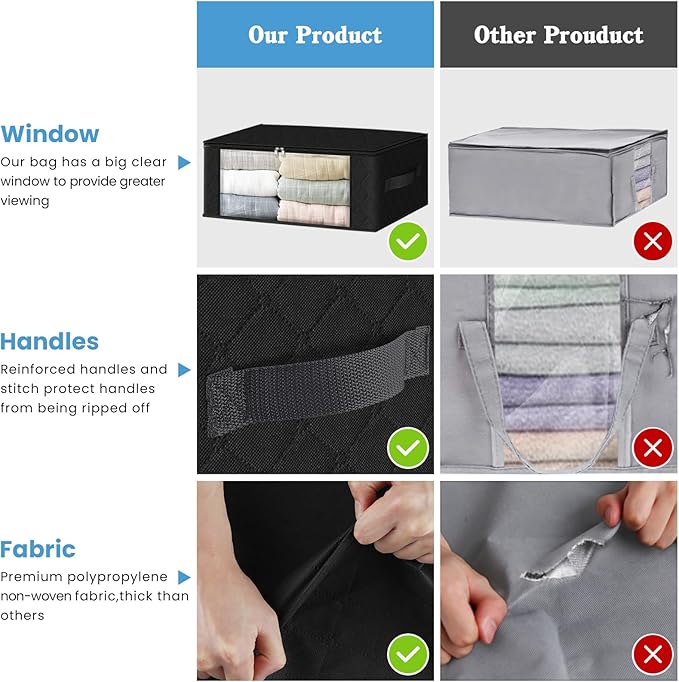 HomeHacks Storage 4-Pack Clothes Organizer Storage Bags Foldable Storage Box with Large Clear Window Sturdy Handles for Closet, Dorm, Pillows, Bedding, Clothes, Blankets, 35L, Black