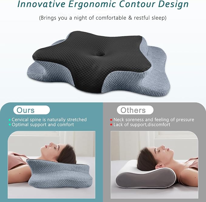 Cervical Neck Pillow for Pain Relief Sleeping, Memory Foam Pillows, Ergonomic Side Sleeper Pillows Orthopedic Neck Support Pillow for Back Stomach Sleepers-King Size Black&Grey