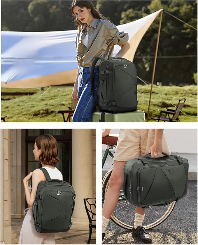 ECOHUB 17" Small Unisex Travel Backpack United Airlines Approved 17x10x9 Friendly Suitcase Anti-Theft Lockable Zippers Style Personal Item Bag Travel Essentials with 12 Pockets Water Resistant, Green