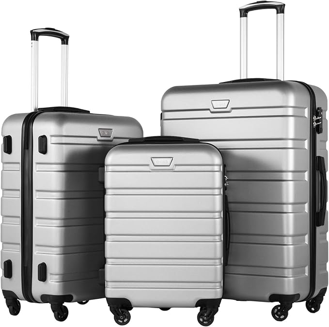 Coolife Luggage 3 Piece Set, Lightweight Durable Hardshell Suitcase set with 360° Spinner Wheels, TSA-approved Lock, Checked Family Travel Luggage sets, 20/24/28 Inch, Silver