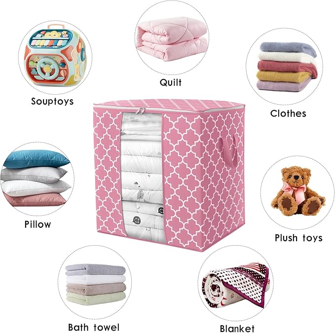 WISELIFE Storage Bags 4 Pack/100L Large Blanket Clothes Organization and Storage Containers for Comforters,Bedding, Foldable Organizer with Reinforced Handle, Clear Window, Sturdy Zippers,Pink