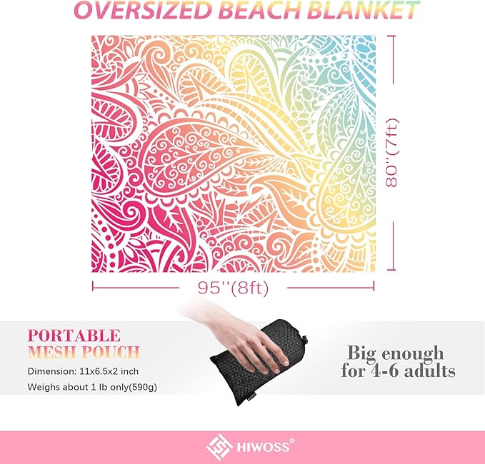 Beach Blanket Waterproof Sandproof Oversized 95”x 80”,Sand Free Beach Mat with Corner Pockets,Portable Mesh Bag for Beach Festival,Picnic,Travel and Outdoor Camping (Ombre Rainbow)