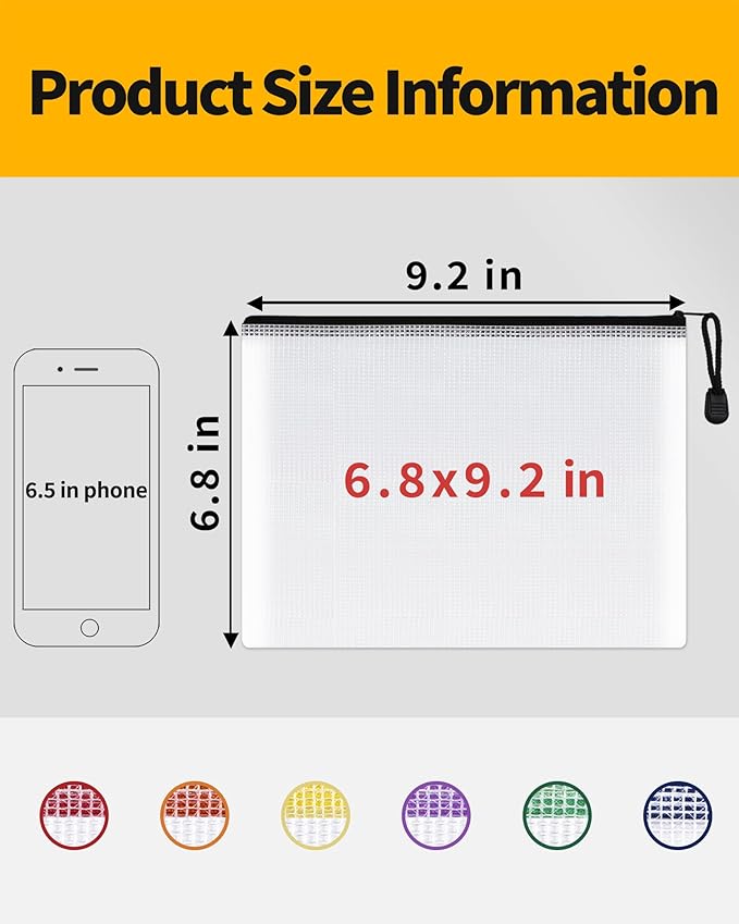 SUNEE Plastic Mesh Zipper Pouch 6.8x9.2 in (Black, 12 Packs),Extra Large Water-Resistant Zip Bag for School Office Supplies, Puzzles & Games Organizing Storage