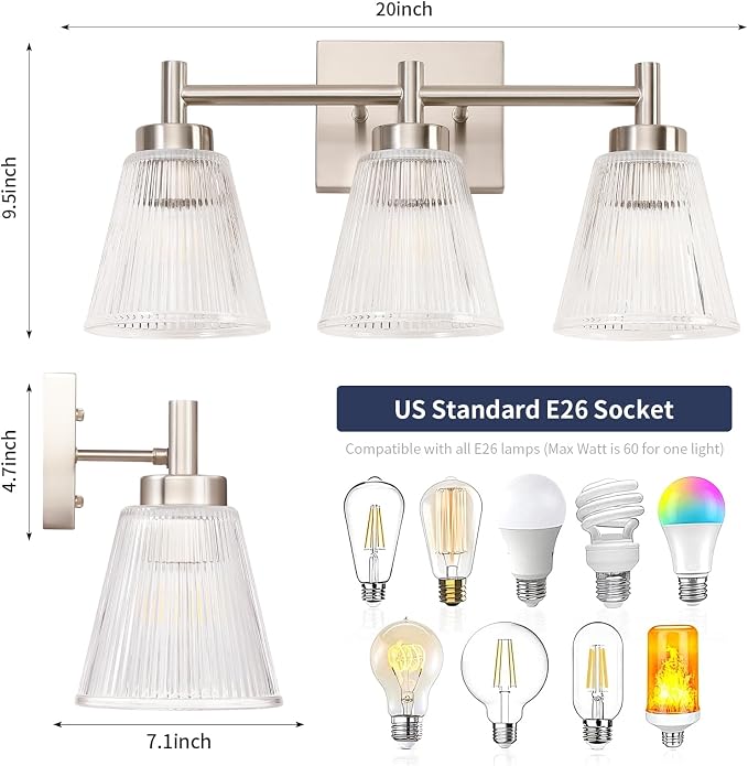 OCIOC Nickel Bathroom Vanity Light 3-Light Bathroom Light Fixtures Over Mirror Vanity Lighting Fixtures with Striped Glass Shade,17inch Modern Vanity Lights for Bathroom Wall Sconce Lights for Bedroom