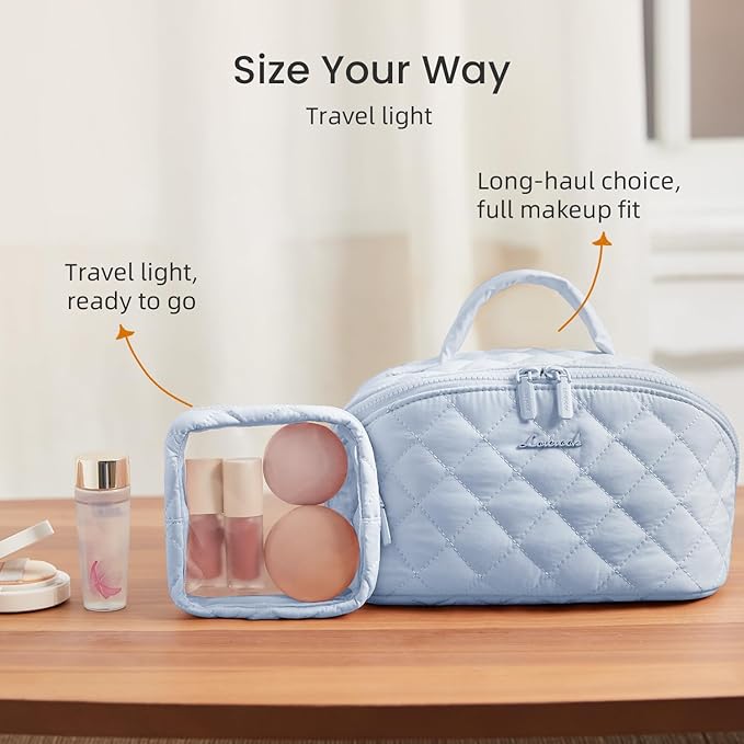 LOVEVOOK Travel Makeup Bag for Women, 2Pcs Puffer Waterproof Cosmetic Organizer, Large Capacity Pouch Open Flat Small Toiletry Bag with Brush Compartment & Handle (Blue, Large)