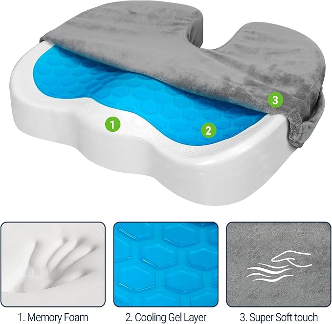 Season Guard Gel Seat Cushion – Office Chair Cushion – Non-Slip Gel Memory Foam Coccyx Cushion for Tailbone Pain - Desk Chair Car Seat Cushion Driving - Sciatica Back Pain Relief, Velvet, Grey