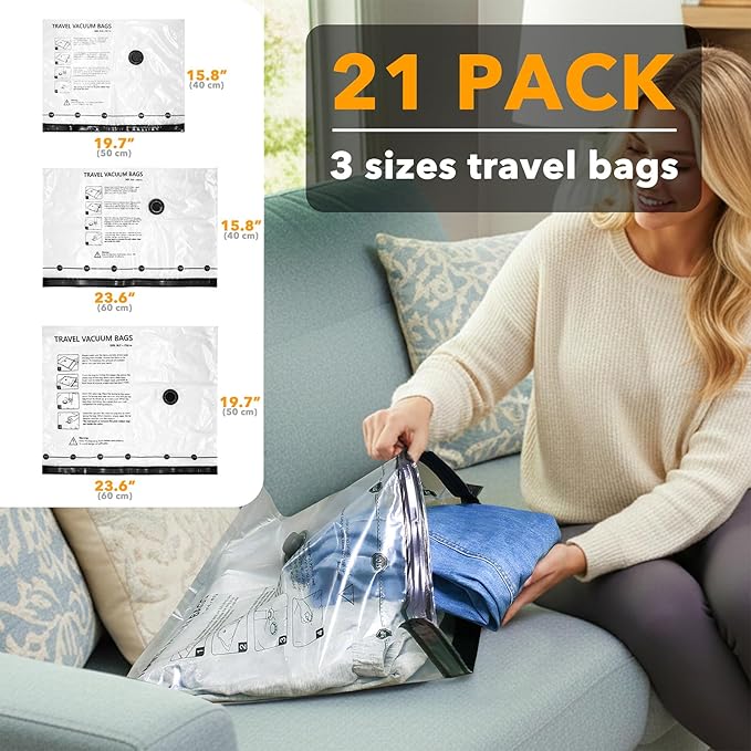 SpaceAid Travel Vacuum Bags for Luggage with Electric Pump, 21 Pack Vacuum Seal Bags for Clothing Travel, Space Saver Compression Bag for Backpack and Suitcase