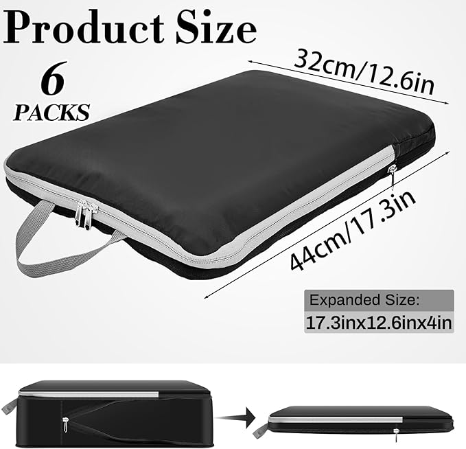 Hosuly 6 Pcs Ultralight Compression Packing Cubes for Travel 17.3 x 12.6'' XL Large Expandable Luggage Organizers for Save Space Family Long Trips (Black 01)