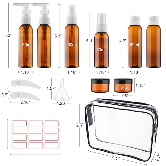 Cosywell Travel Size Bottles for Toiletries 14 Pack 2oz TSA Approved Toiletry Bottles Leak Proof Travel Kit for Women Men TSA Clear Toiletry Bag Shampoo Lotion Skincare Cosmetic Container(Brown)