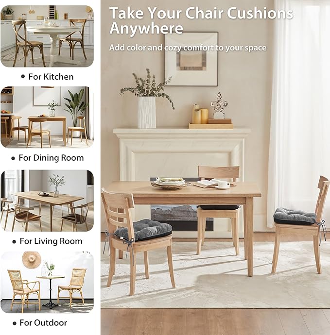 Quilmfoam 16.5"x15.5" Kitchen Chair Cushions Set of 4 for Dining Chair, Soft Tufted Non-Slip Memory Foam Seat Cushion with Ties for Indoor Kitchen Dining Furniture, Dark Grey