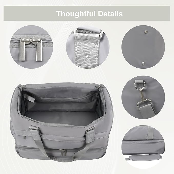 Carry On Travel Duffel Bag for Women & Men,Overnight Weekender Bag with Shoe Compartment,Trolley Sleeve and Adjustable Shoulder Strap,Business & Weekend Travel,Gym,Sports,Yoga & Dance(Medium Gray)