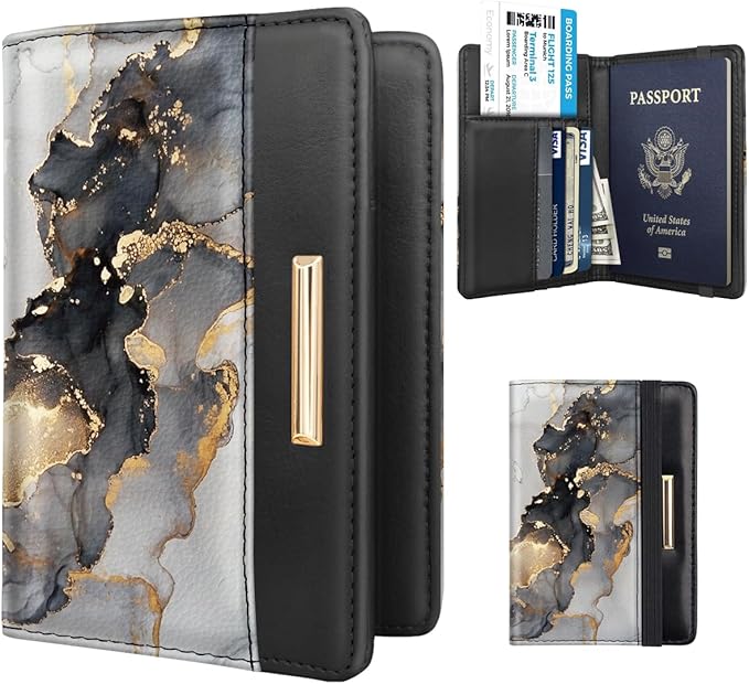 Passport Holder,RFID Blocking Passport Cover Cute Floral Traveling Passport Wallet for Women Gold Grey