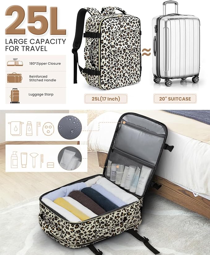Pritent Travel Backpack for Women Man, Waterproof Laptop Backpack Travel Bag Airline Approved Carry on Weekender Overnight Bag Bookbag for Business,Travel, Work Fits 17.3 inch Laptop(Large,Leopard)