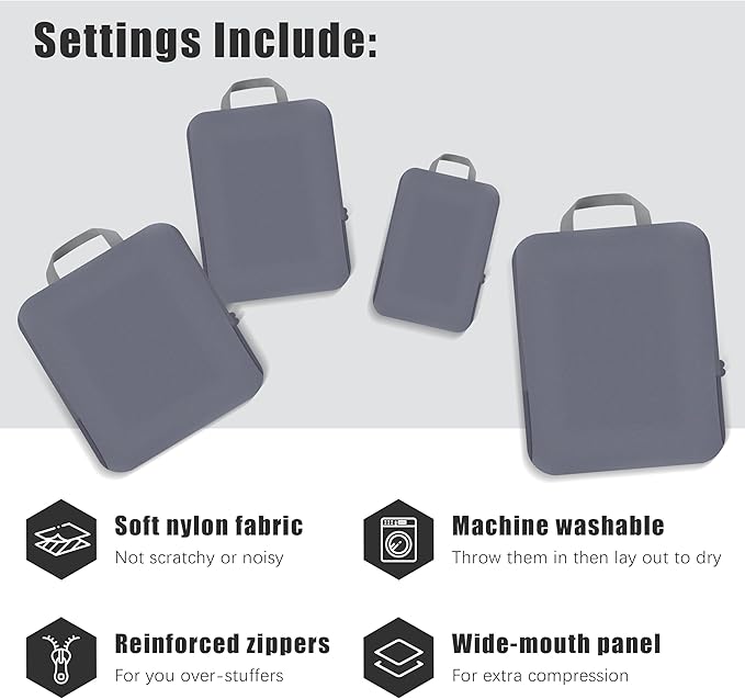 4 Set Compression Packing Cubes Travel - Travel Accessories Expandable Packing Organizers for Carry On - Essentials Luggage Bags - Dark Grey