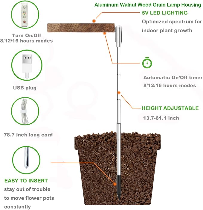 Grow Light for Large Indoor Plants, Full Spectrum LED Plant Light, Height Adjustable for Tall Plants, Auto On/Off Timer, 5V Safe Low Voltage Walnut Grain Grow Lamp for Home & Office