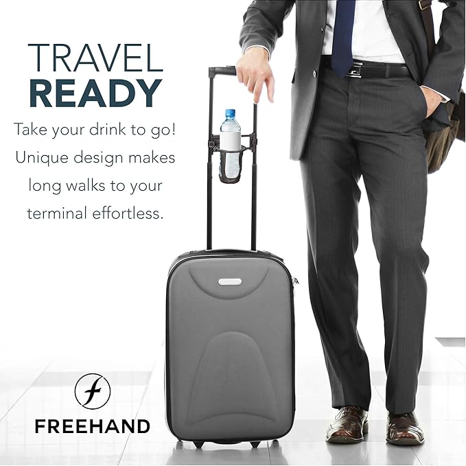 Freehand Luggage Cup Holder – Self Leveling Hands Free Drink Caddy – Fits Roll On Suitcase Handles - Holds 8 – 24 Ounce Coffee Cups or Up to 1 Liter Water Bottles Black