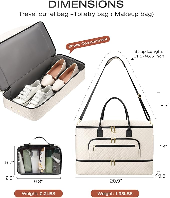Travel Duffle Bag, Wide Open Large Weekender Bag for Women with Shoe Compartment, Carry on Overnight Bags with Toiletry Bag, Hospital Bag for Women Labor Delivery with Wet Pocket (Beige Black)