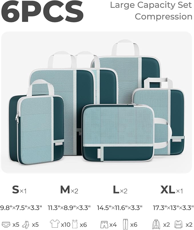 Percover Compression Packing Cubes 6-Piece Set, Packing Cubes Compression for Travel with Multi-Size Organization, Travel Organizer for Carry On & Checked Luggage, Peacock Green