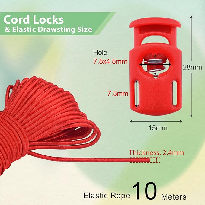 10 Meter 3mm(1/8Inch) Elastic Bungee Shock Cord Stretch String, 25pcs Plastic Cord Locks Spring Toggle Stopper for Drawstring Backpack Shoelaces(Red)