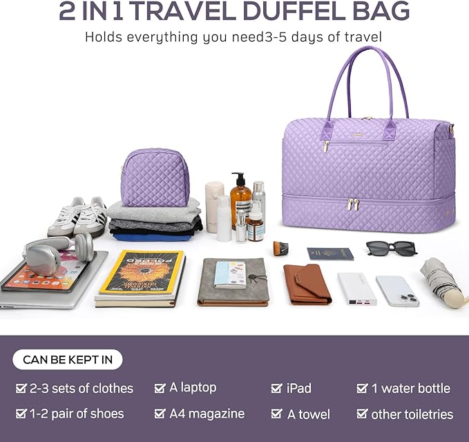 Travel Bag Weekender Bags for Women - Carry on Overnight Bag with Shoe Compartment Duffle Bag with Laptop Pocket Light Purple