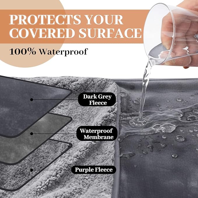 King Size Waterproof Blanket for Bed Couch, Gray 82'' x 82'' Double Side Leakproof Reversible Sherpa Flannel Fleece 3-Layer Lightweight Blanket, Absorbs 80oz, Machine Washable