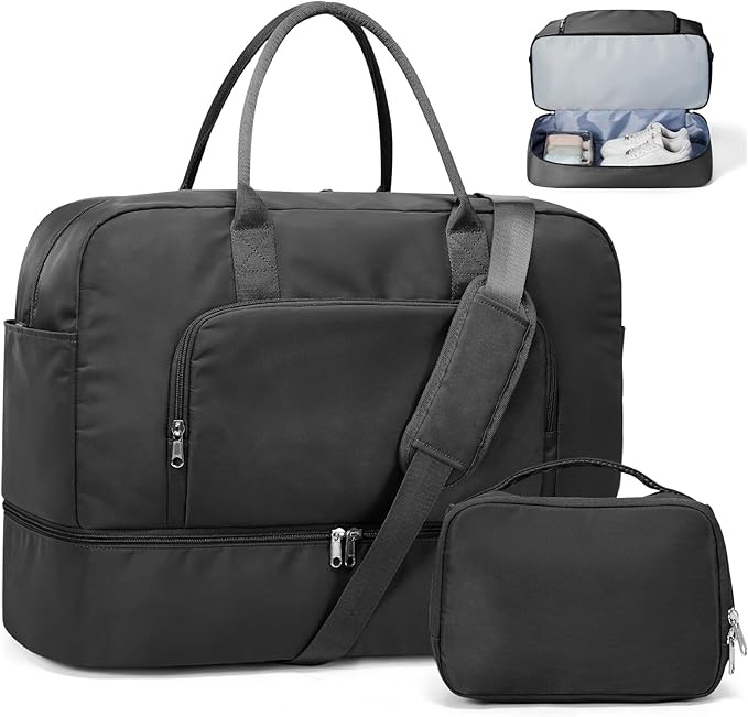 Weekender Bags for Women, Travel Duffel Overnight Carry On Weekend Bag with Shoes Compartment & Toiletry Bag,Black