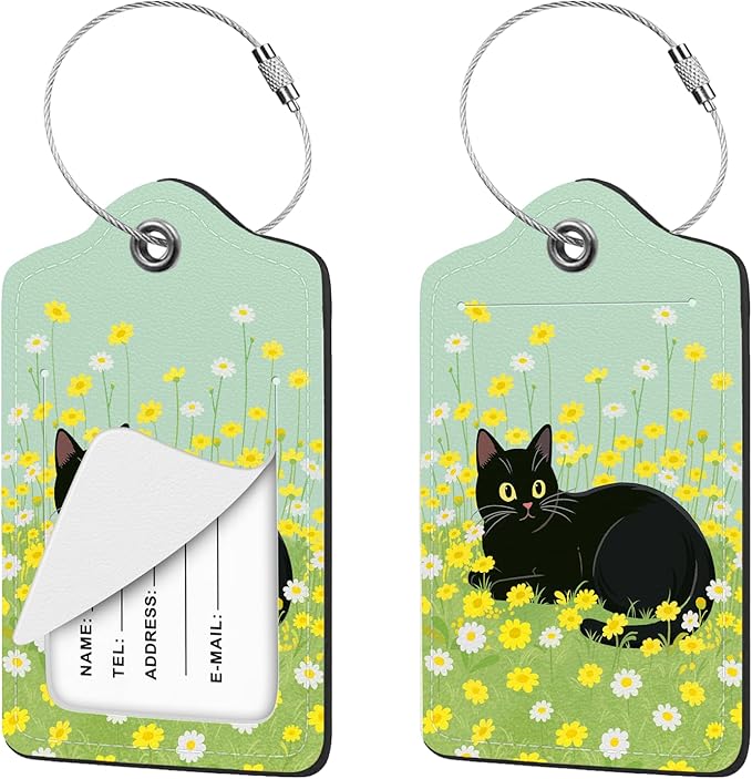 2 Pcs Luggage Tag for Suitcases, Flower Black Cat Cute PU Leather Suitcase Tag Privacy Cover ID Label with Metal Loop, Personalized Baggage Identifier for Women Cruise Bag Travel Essentials