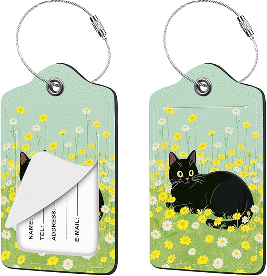 2 Pcs Luggage Tag for Suitcases, Flower Black Cat Cute PU Leather Suitcase Tag Privacy Cover ID Label with Metal Loop, Personalized Baggage Identifier for Women Cruise Bag Travel Essentials