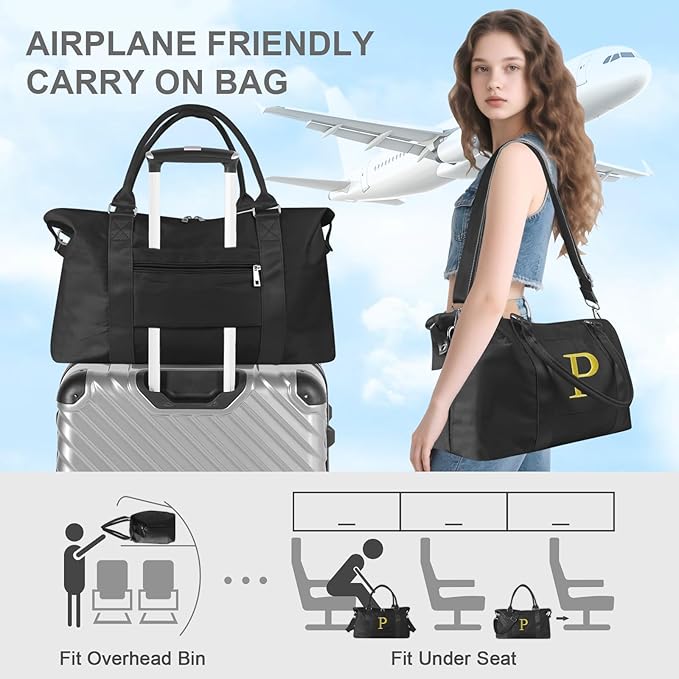 Personalized Initial Gym Dance Bag, Travel Duffel Bag for Teen Girls, Carry On Bag Overnight Weekender Bag with Trolley Sleeve, Birthday Gifts for Women Mom Daughter Graduation Gift(Letter P, Black)