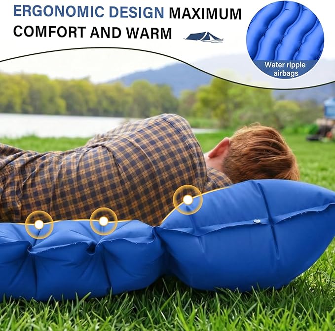 Camping Sleeping Pad with Pillow Built-in Foot Pump Inflatable Sleeping Mat Compact for Camping Backpacking Hiking Traveling - Blue
