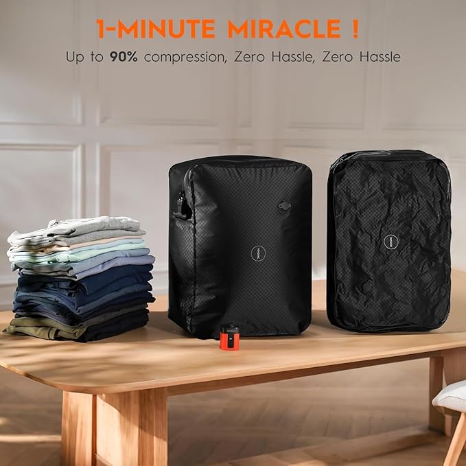 Vacuum Bags with Wireless Pump– Space Saver Compression Bags for Luggage, No Checked Baggage, Triple Your Luggage Space, IP68, Reusable, Fits 20/24/28 Inch Suitcase (3PC+Pump (No Tracker))