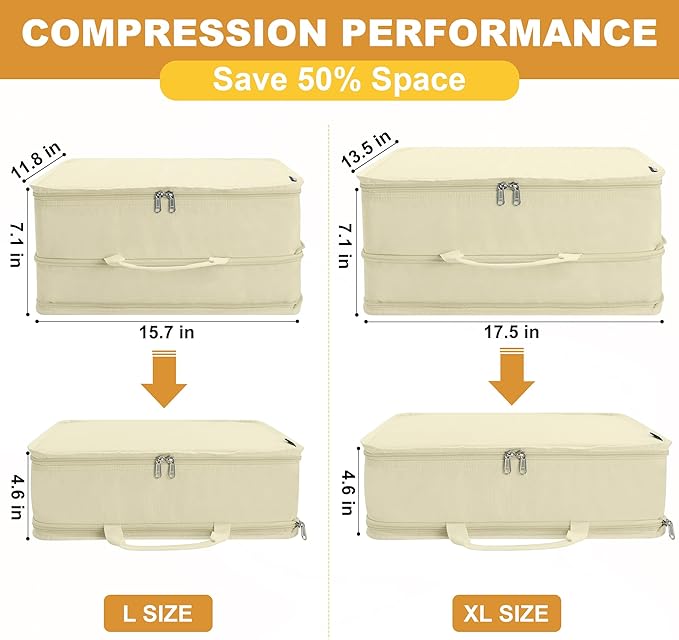 Extra Large Compression Packing Cubes for Travel Essentials, 2 Set Expandable Travel Cubes for Packing Bags Suitcase Organizer, Beige
