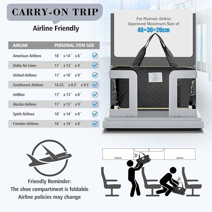 Geestock Travel Duffel Bag, Weekender Bags for Women, Carry on Overnight Bag with Shoe Compartment & Trolley Sleeve, Personal Item Travel Bags with Storage Pouch for Travel, Yoga, Gym, Hospital, Black