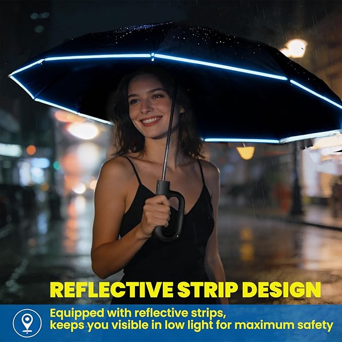 SIEPASA Travel Umbrella with Carabiner Handle - Windproof 10 Ribs Auto Open/Close for Rain & Sun Protection, Compact Portable Clip-on Backpack Design with Safety Reflective Strip.