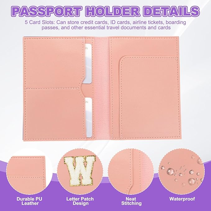 PATIKIL Passport Holder for Travel, Initial Passport Cover and Luggage Tag Set with Alphabet Chenille Letter Patch Travel Wallet Bag Suitcase Identifier for Women Family Travel Pink W