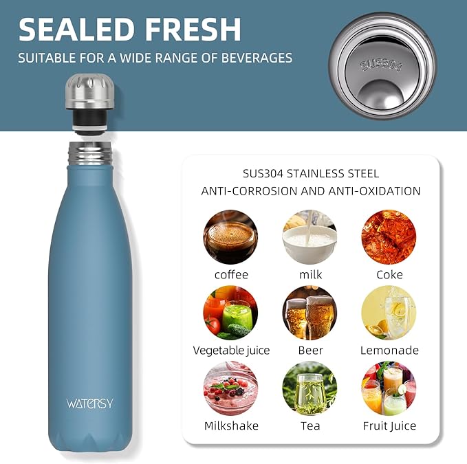 WATERSY Stainless Steel water bottles,17oz/500ml Insulated Water Bottles,Smog Blue metal water bottle Keeps Drink Cold and Hot,BPA Free kids water bottles for School,Gym,Travel,Sports