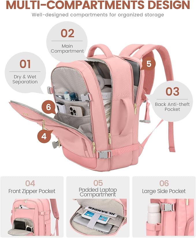 LOVEVOOK Travel Backpack For Women, 40L Carry On Backpack Flight Approved, TSA Personal Item Backpack Fits 17 Inch Laptop, Business Weekender Overnight Waterproof Daypack With 2 Packing Cubes, Pink