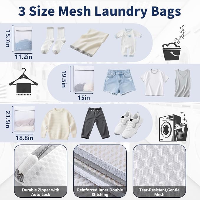 150L Laundry Bag Backpack with 3 Sizes Mesh Wash Bags and Shoulder Straps Foldable Clothes Hamper Bag with Drawstring Closure for College, Apartment, Laundromat (Black)