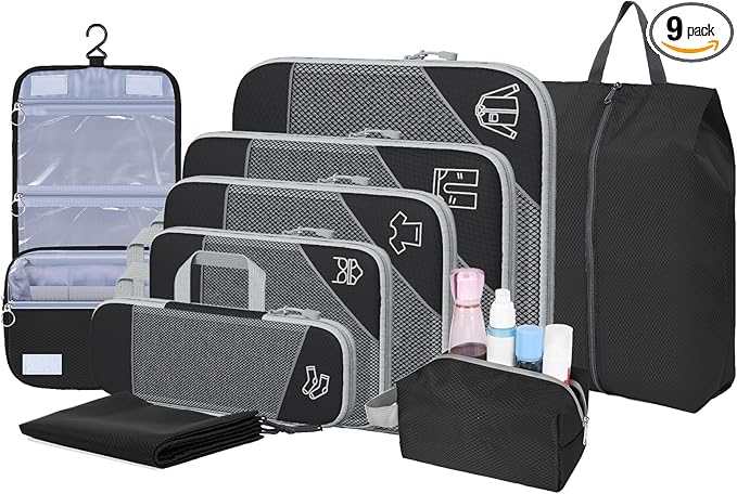 9-Set Packing Cubes with Hanging Bag | 9-Size Combination, Mesh Fabric & Reflective Stripe | Travel Luggage Organizers (Black)